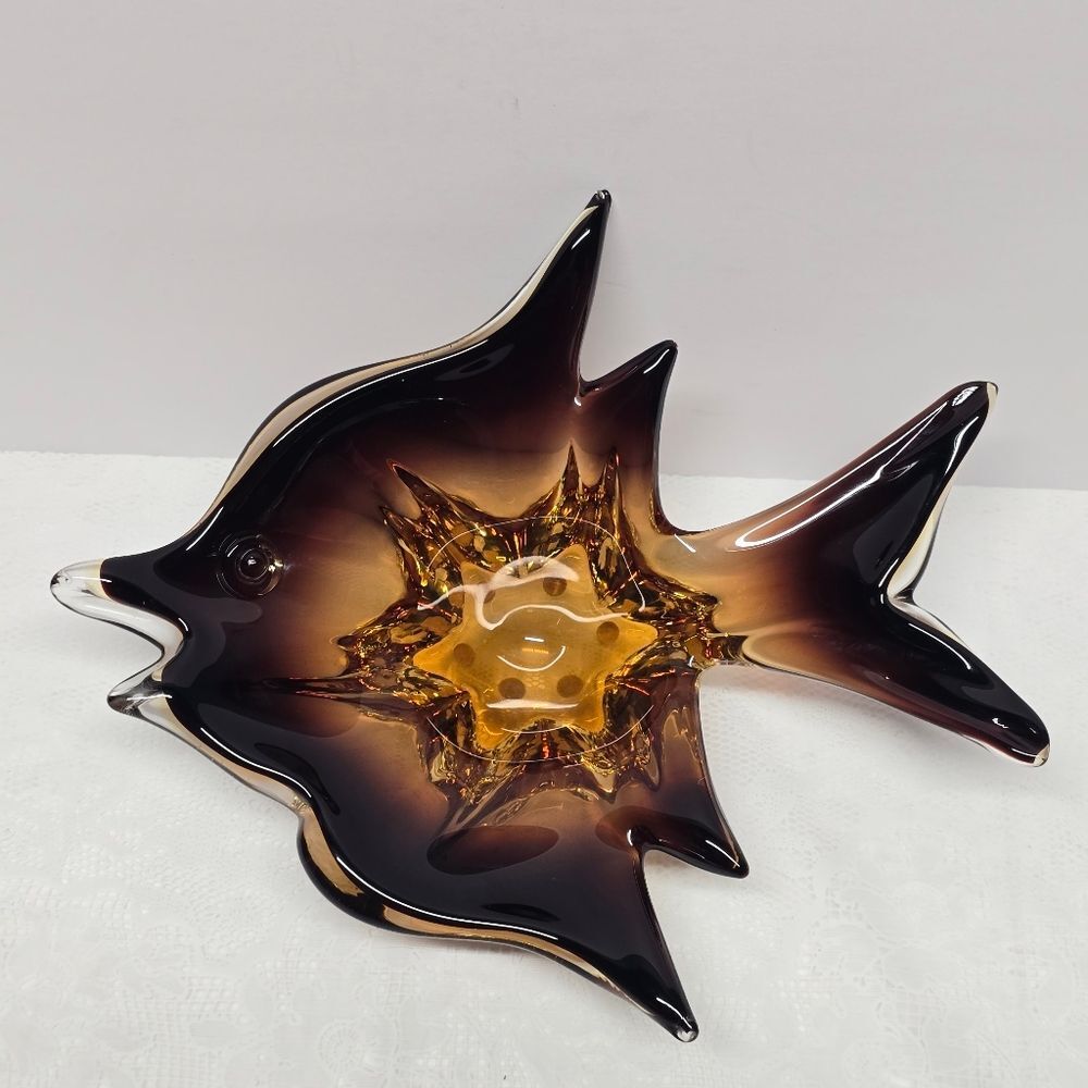 Murano Glass Amber Fish Shaped Candy Bowl Dish 3D Effect